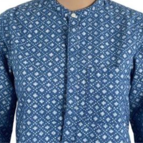 MADEWELL Chambray Floral Top Stamp Popover Tunic Long Sleeves Banded Collar - Picture 2 of 6